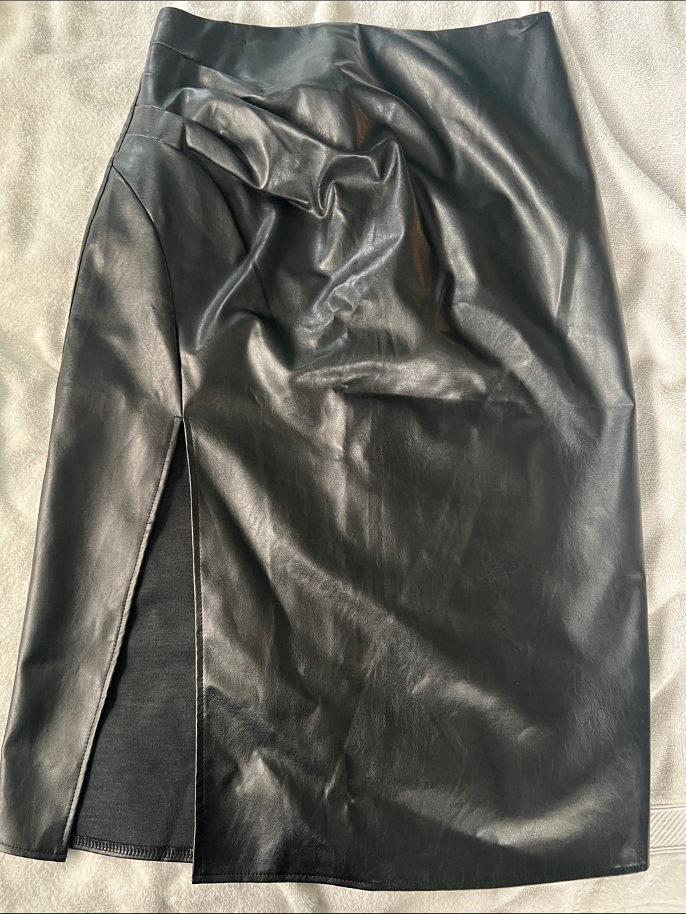 Faux Leather Black Midi Skirt with Front Slit Large